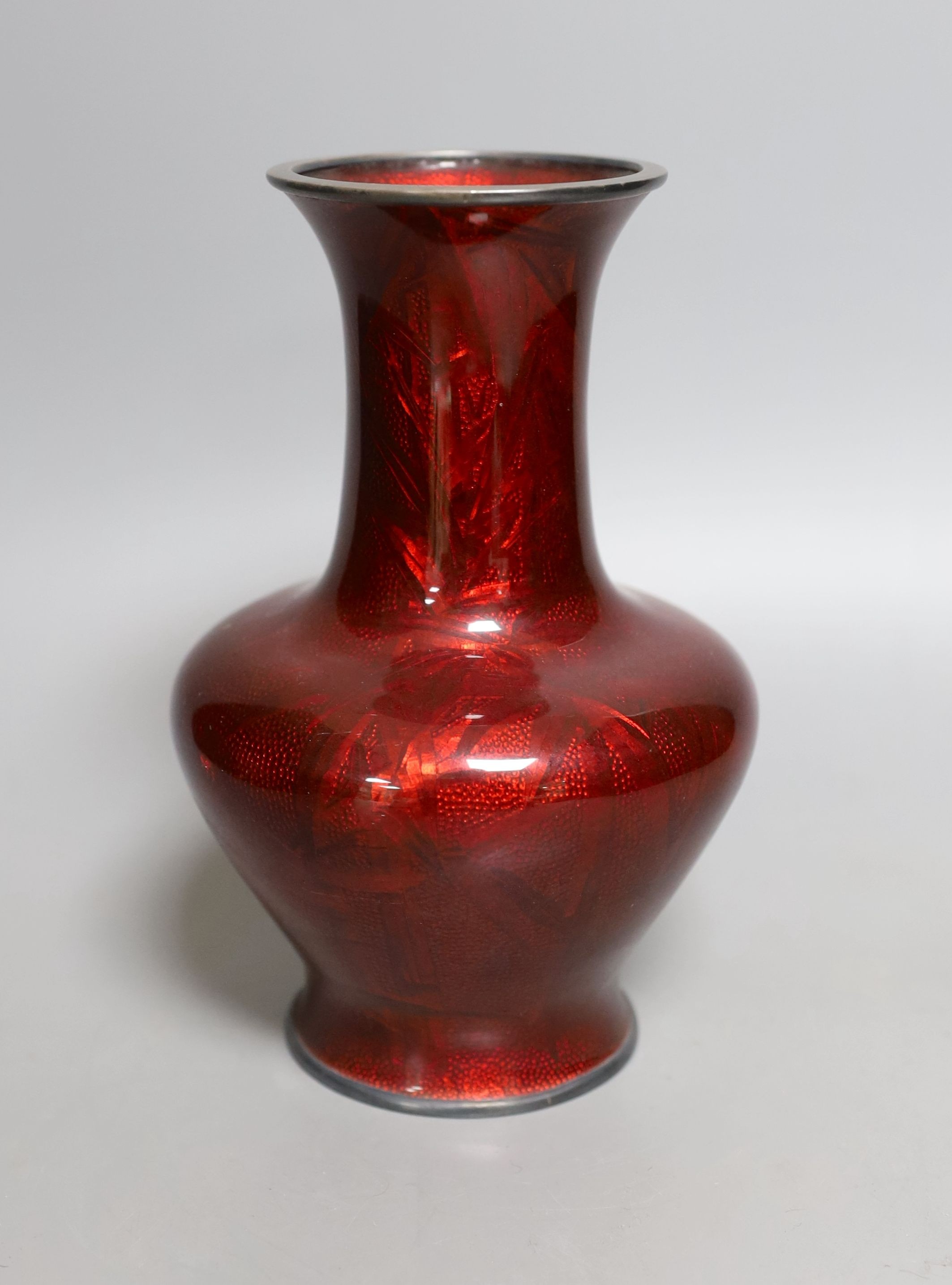 A Japanese red Ginbari enamel vase, by Ando, Taisho period, marked to base - 19cm tall, probably silver rimmed